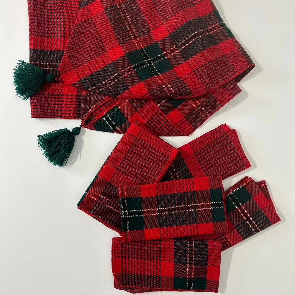 Vintage Red Green Plaid Table Runner & 5 Napkins Set Tartan Christmas Decor
